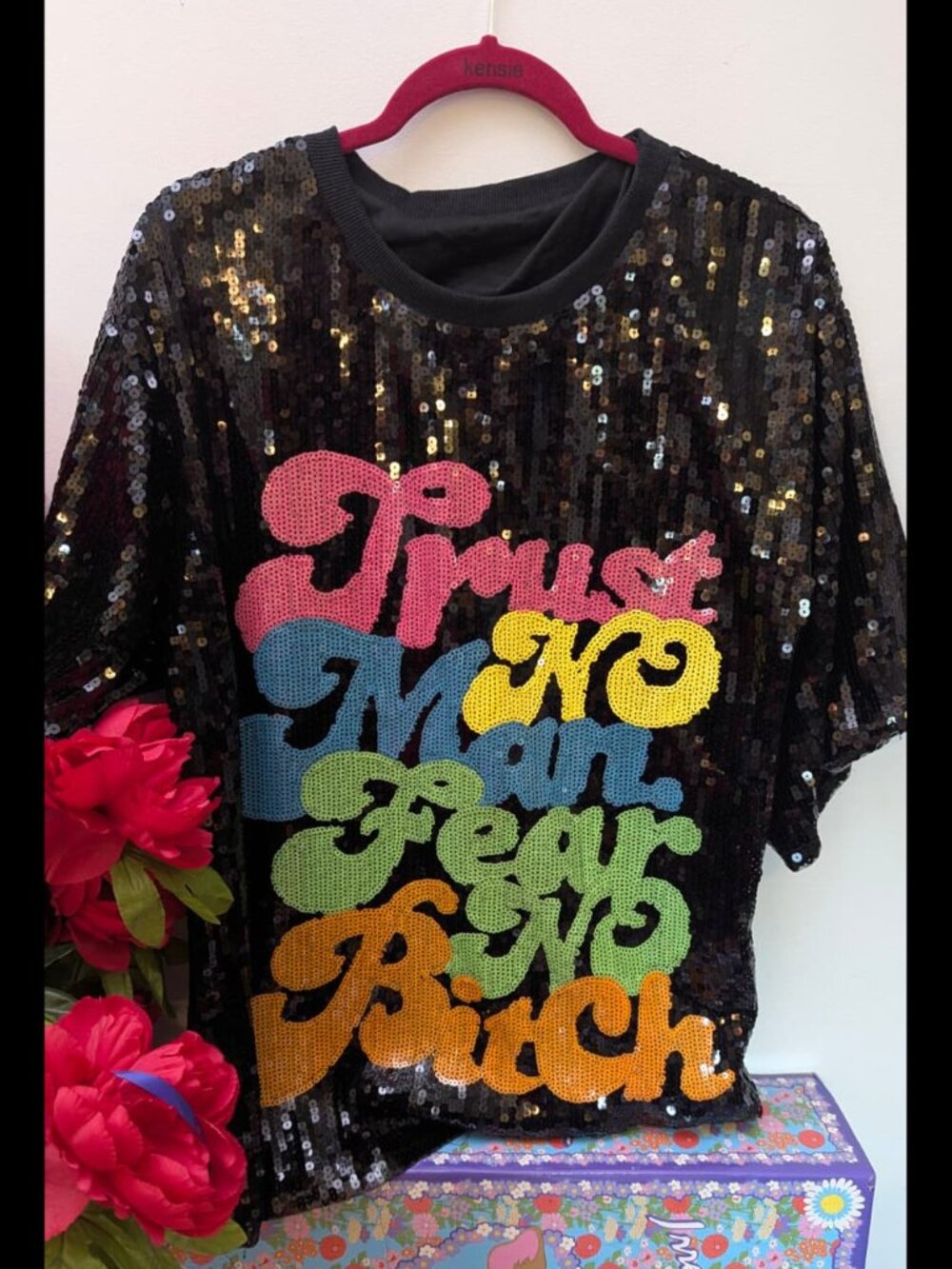 Black Sequin Dress - Colorful Text - Trust No Man - Independent Artist